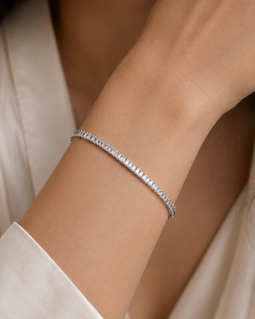 Aria Silver Baguette Tennis Bracelet worn on wrist