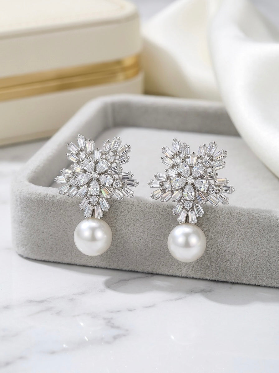 Rosalie Crystal Pearl Stud Earrings detail view
