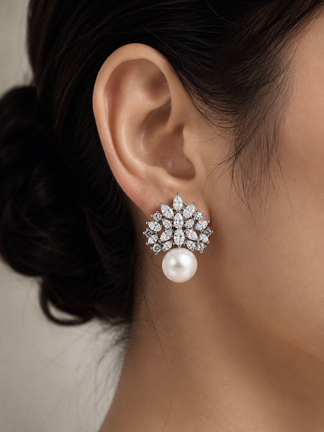 Elara Crystal Pearl Cluster Earrings featured view