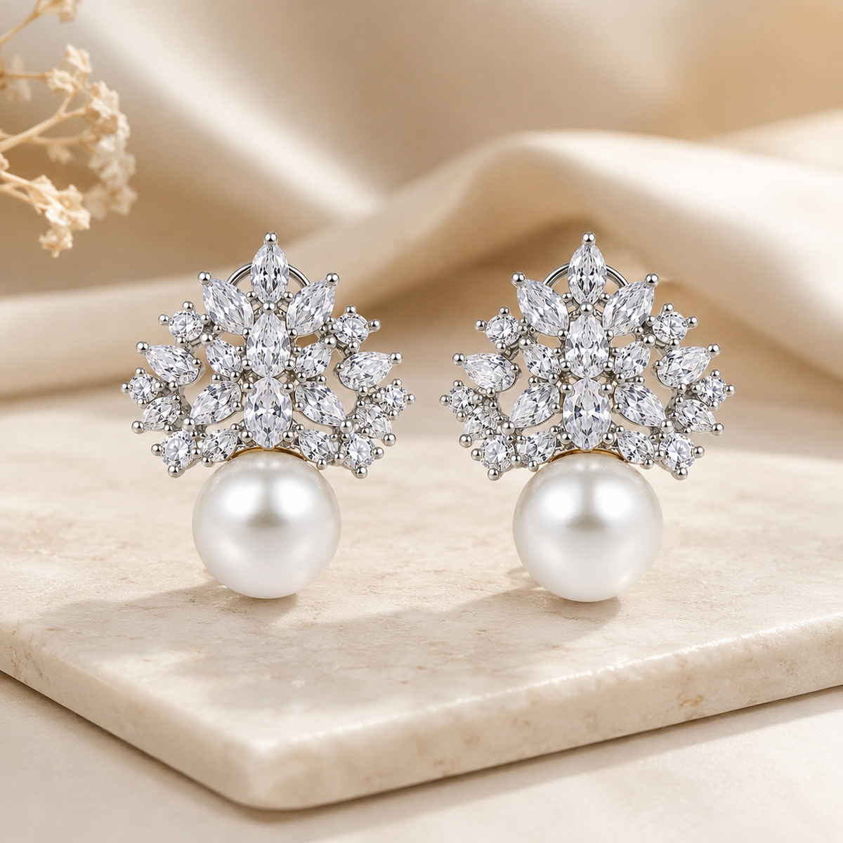 Elara Crystal Pearl Cluster Earrings detail view