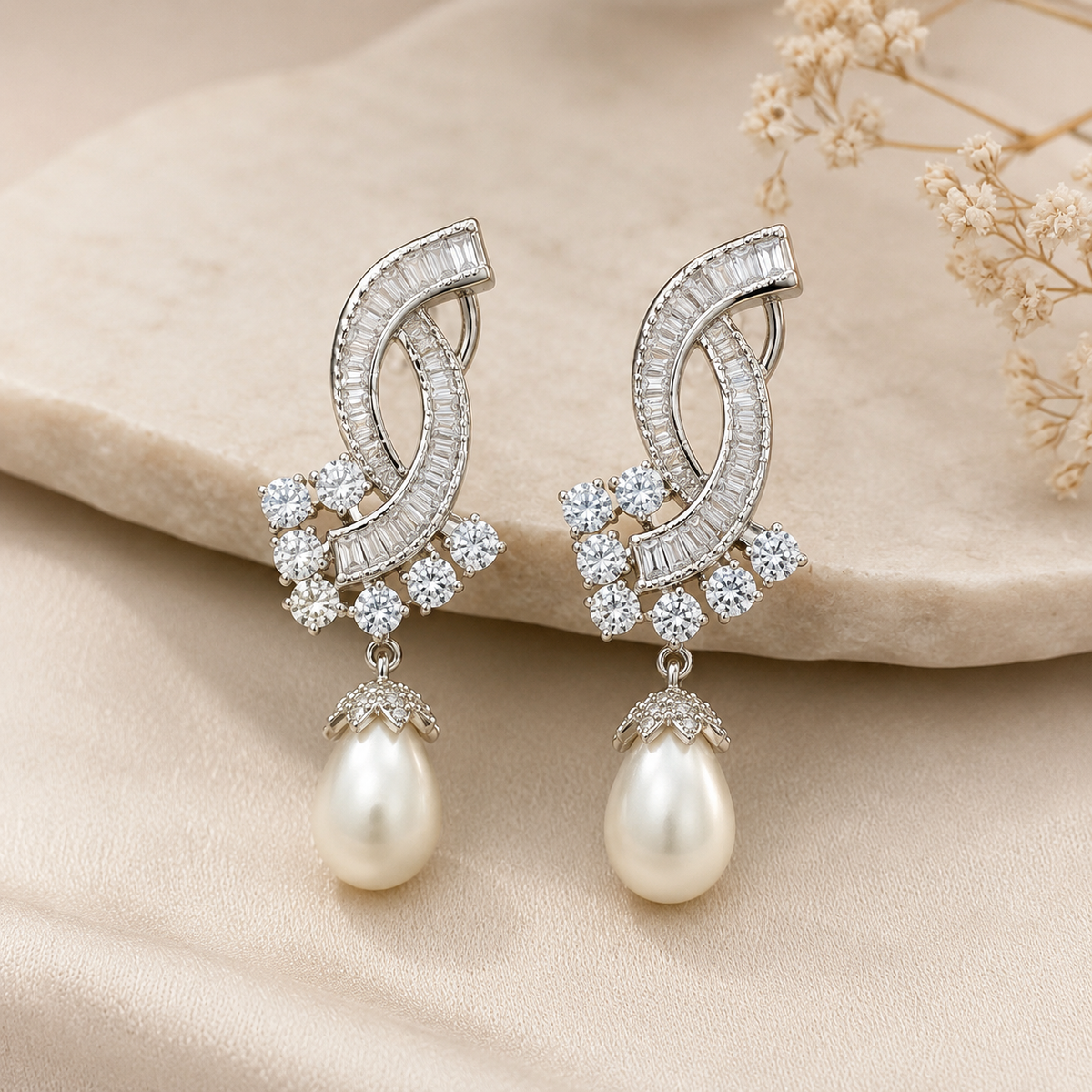 Amara Crystal Pearl Drop Earrings detail view