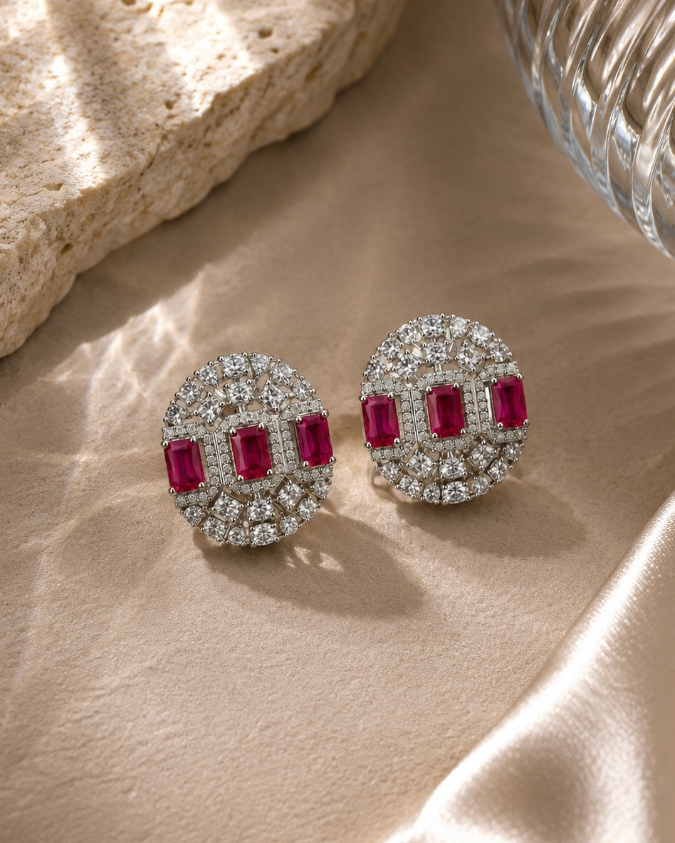 Ruby Halo Crystal Stud Earrings detail view