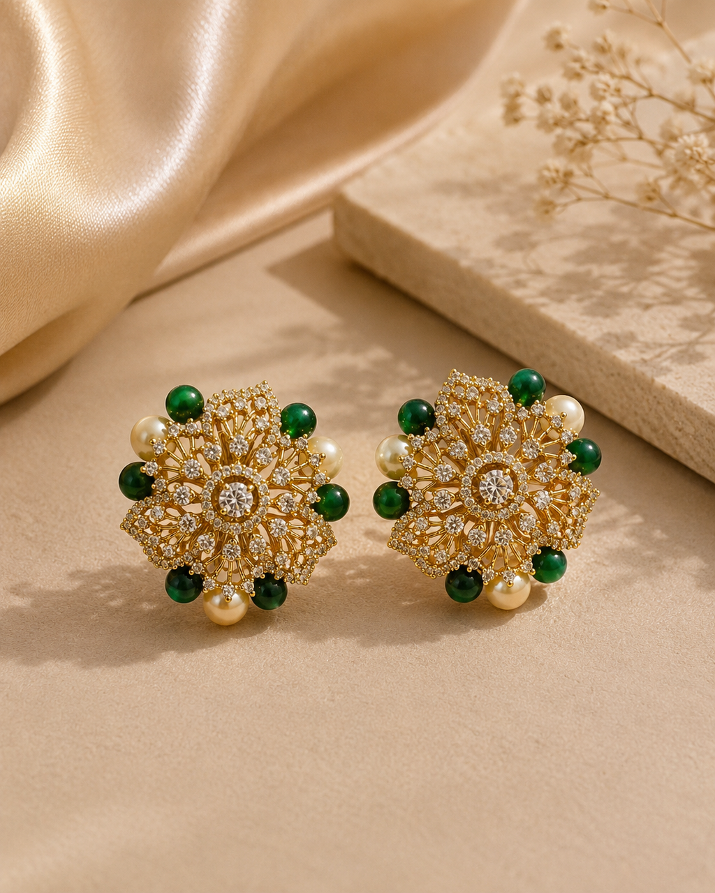 Emerald Kundan Floral Stud Earrings featured view