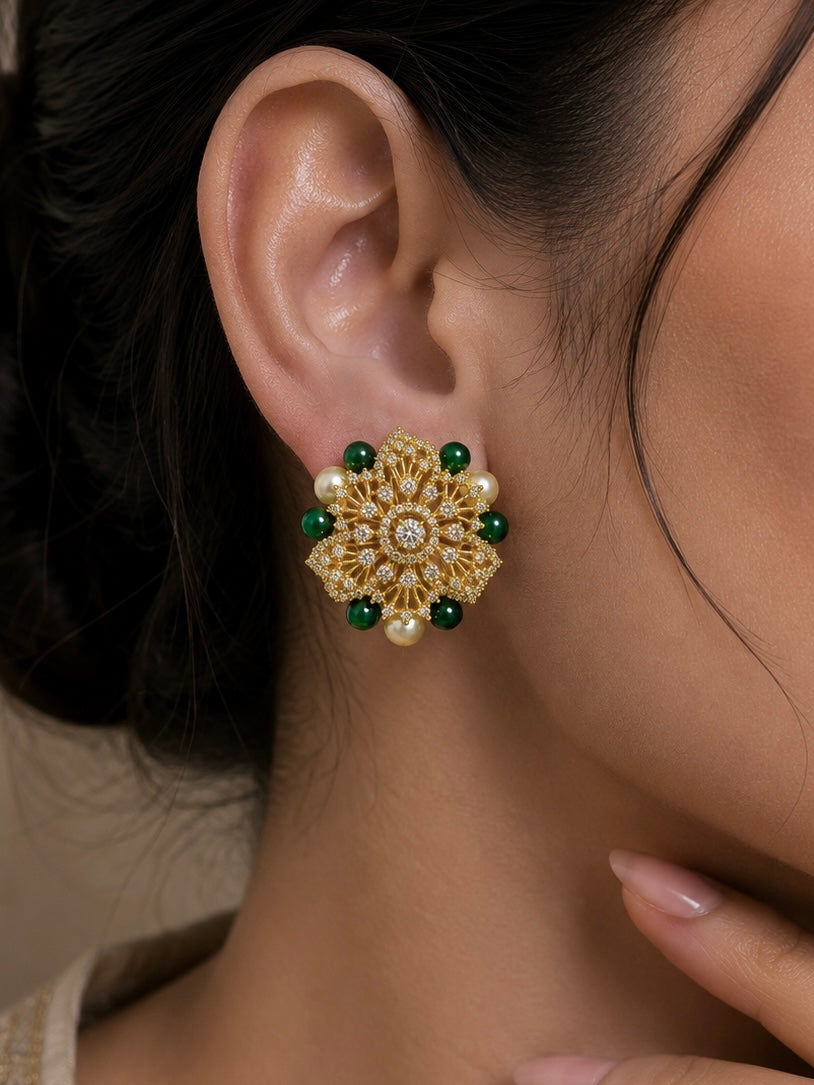 Emerald Kundan Floral Stud Earrings detail view