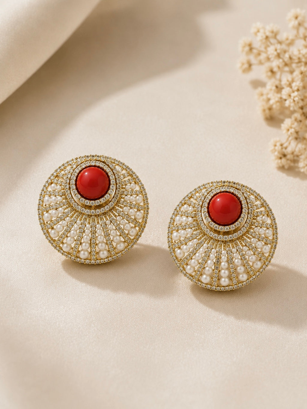 Ruby Sunburst Crystal Stud Earrings detail view