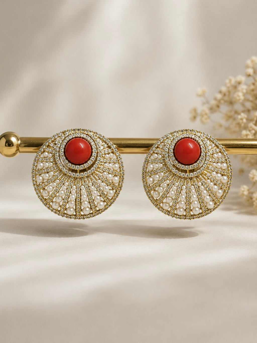 Ruby Sunburst Crystal Stud Earrings detail view