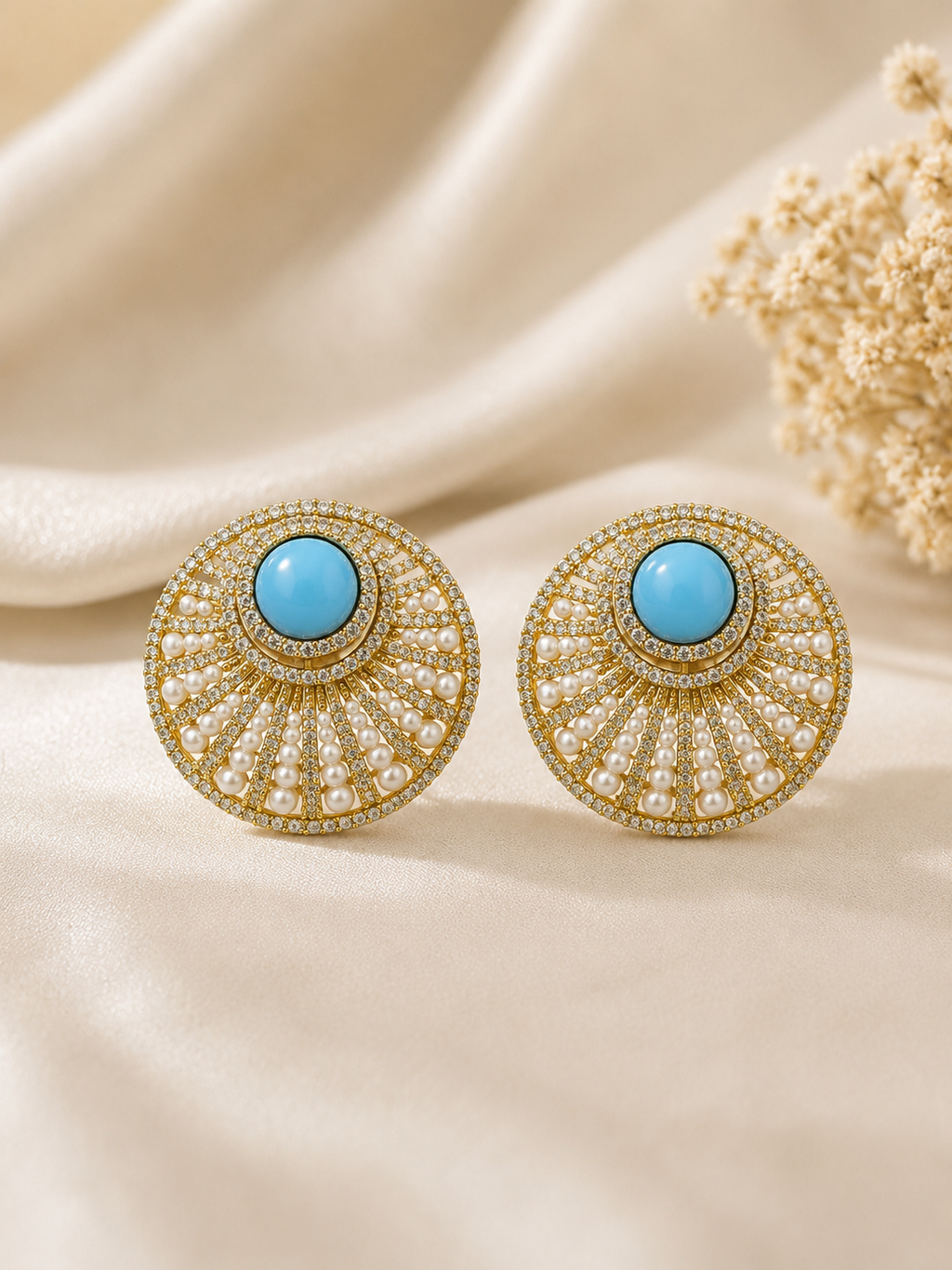 Turquoise Sunburst Crystal Stud Earrings detail view