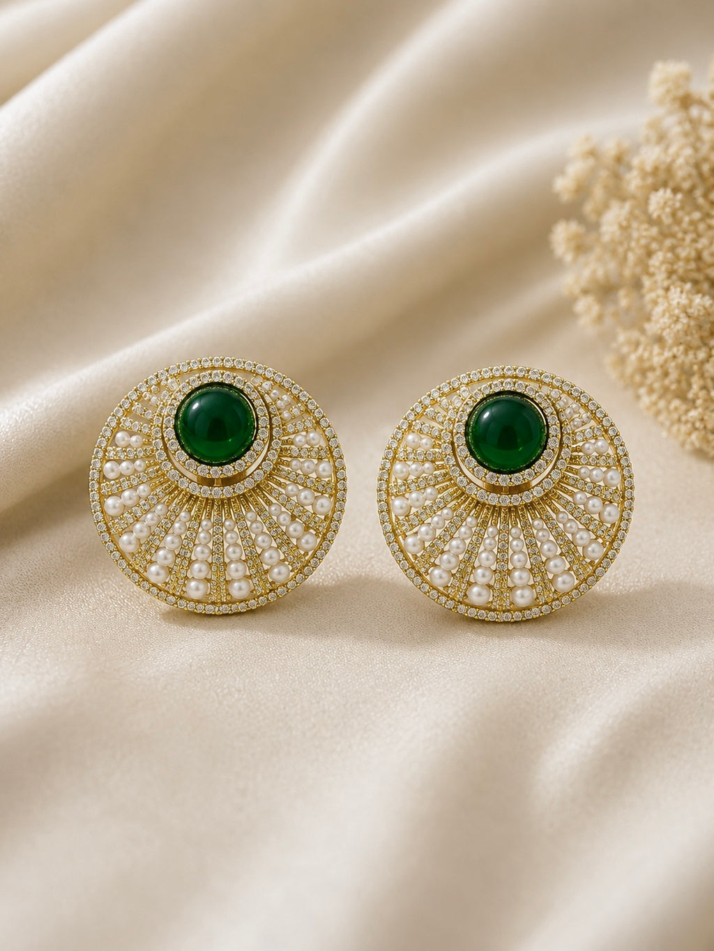Emerald Sunburst Crystal Stud Earrings detail view