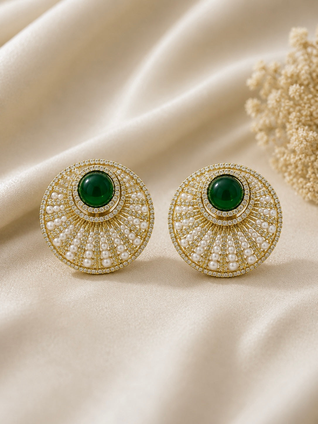Emerald Sunburst Crystal Stud Earrings detail view