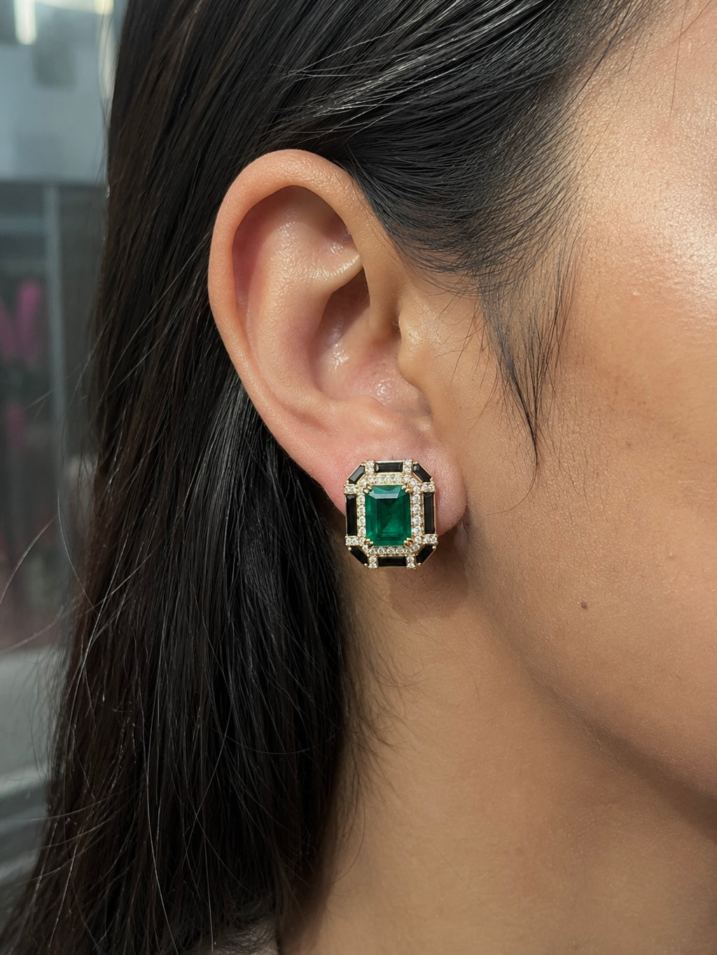 Emerald Noir Statement Stud Earrings worn on ear