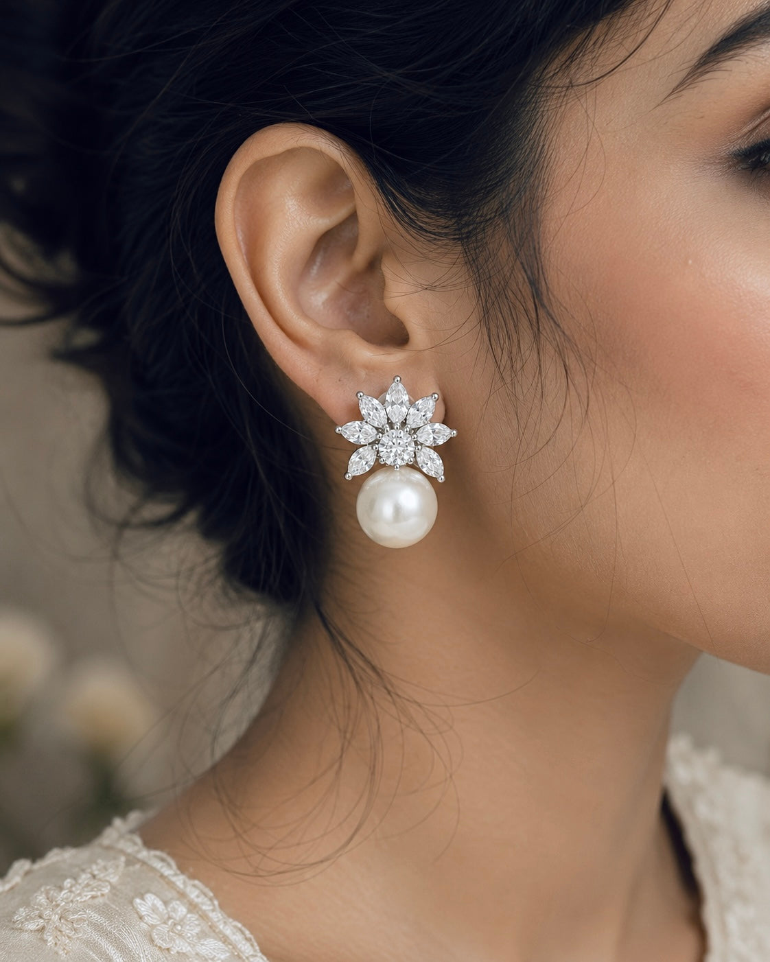 Flora Crystal Pearl Stud Earrings featured view