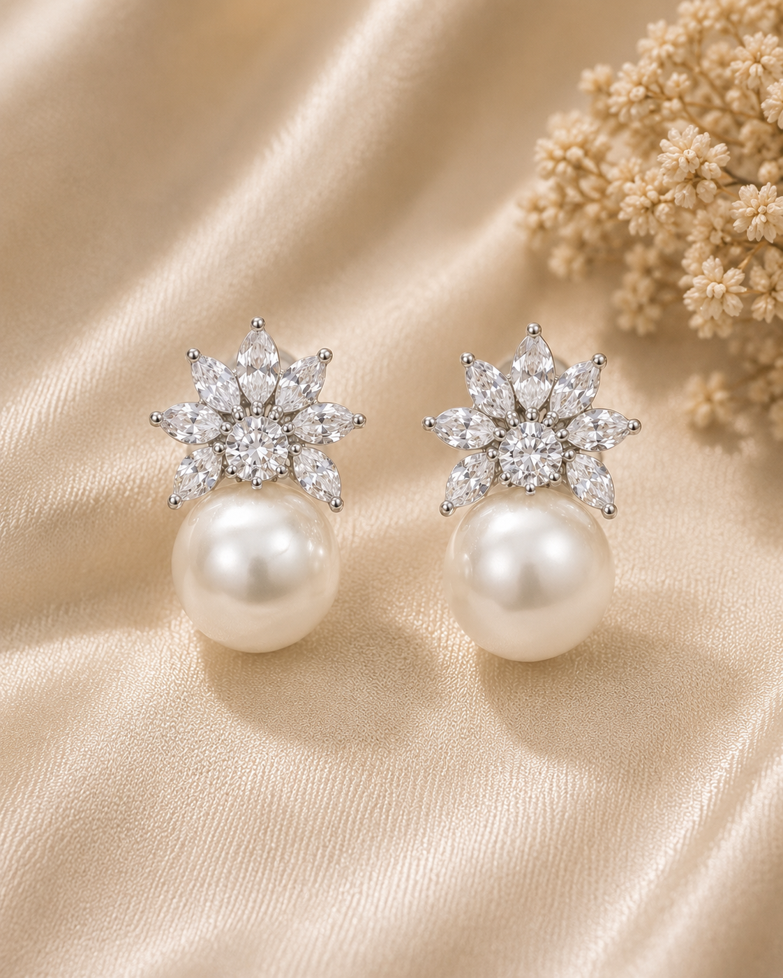Flora Crystal Pearl Stud Earrings detail view