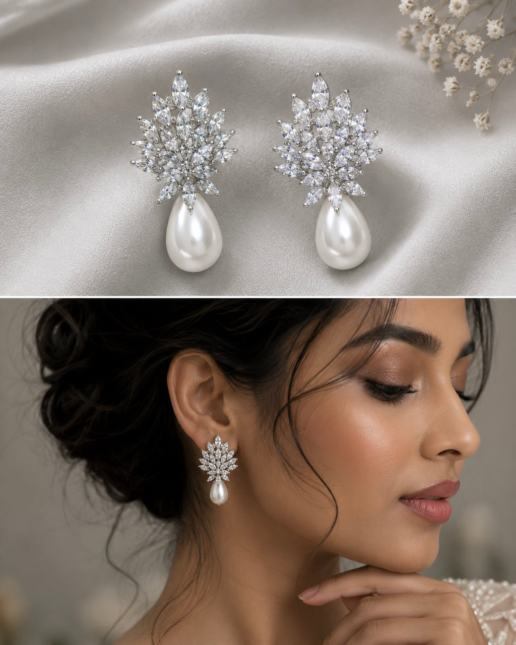 Eveline Crystal Pearl Drop Earrings detail view