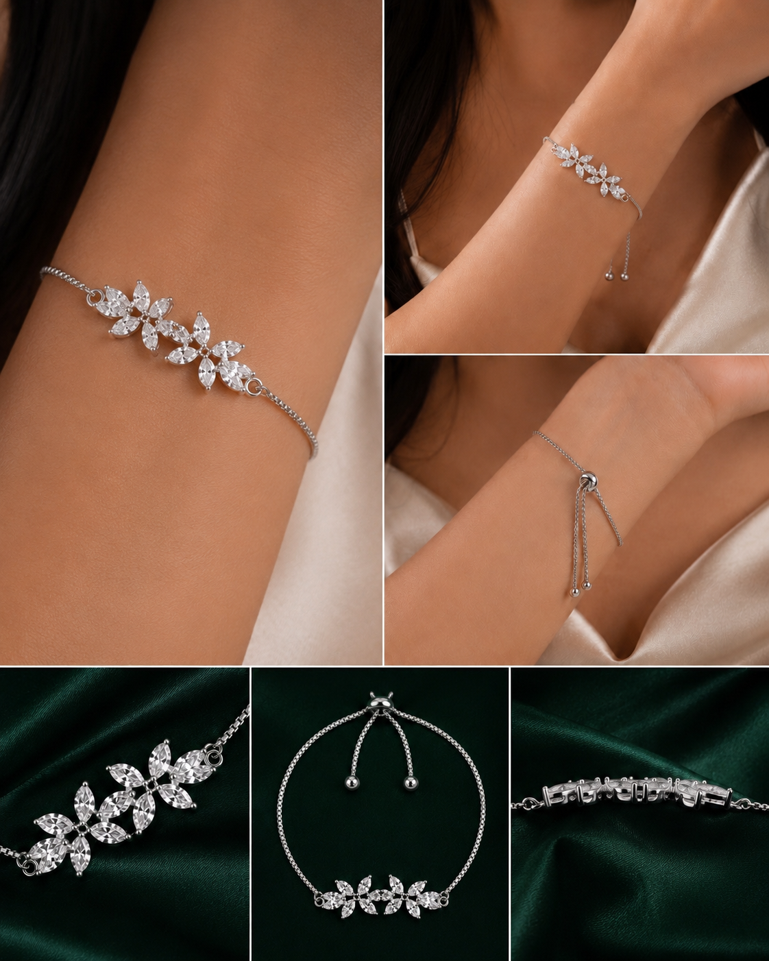 Mira Silver Floral Adjustable Bracelet detail and model views